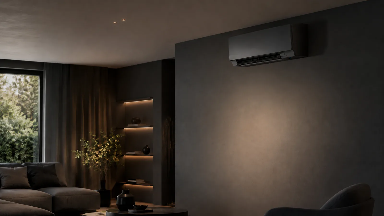 Wohnzimmer am Abend mit dezent montierter Klimaanlage